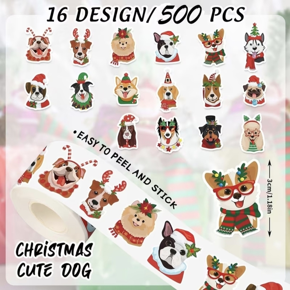 Festive Dog Christmas Stickers Roll - 500 PCS